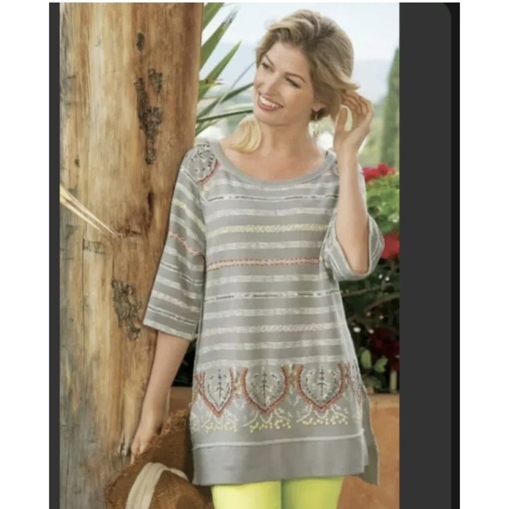 Soft Surroundings Artiste Tunic Top Striped Embroidered Beaded Gray Medium